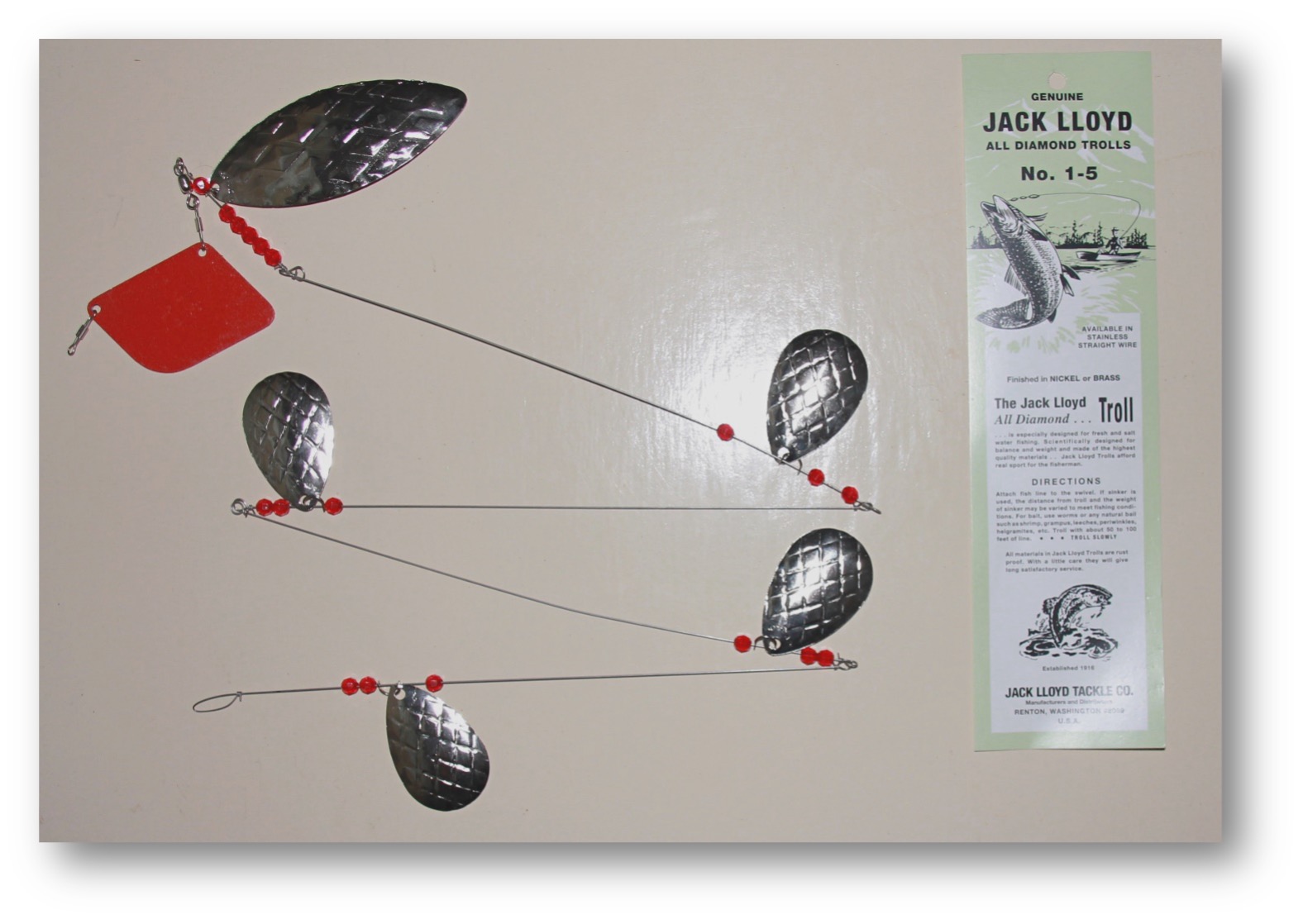 A vintage Jack Lloyd 1-5 trolling lure. The 1-5 stands for one flasher and four smaller spoons. .