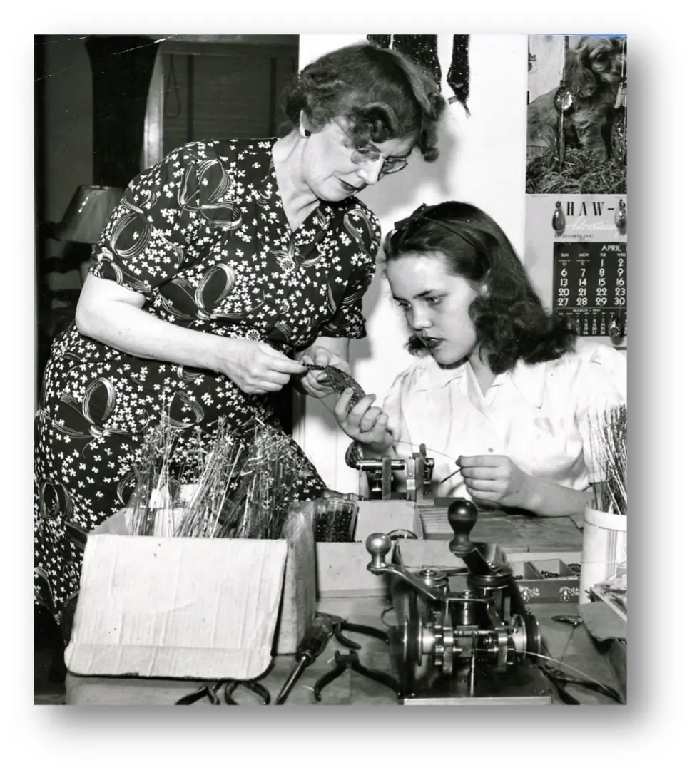 Bud, June and Kris Hill busy making Jack Lloyd lures. Photograph courtesy of the Hill Family